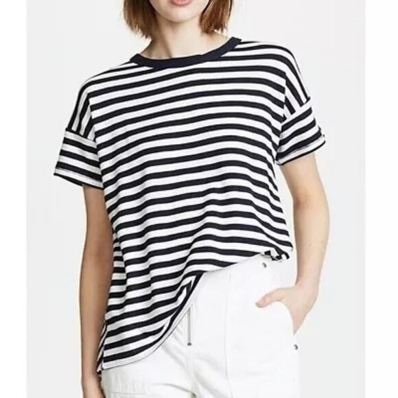 Rag & Bone Striped Stretch Split-Back Crewneck Tee-Shirt Top White Navy Size XXS - Picture 3 of 12
